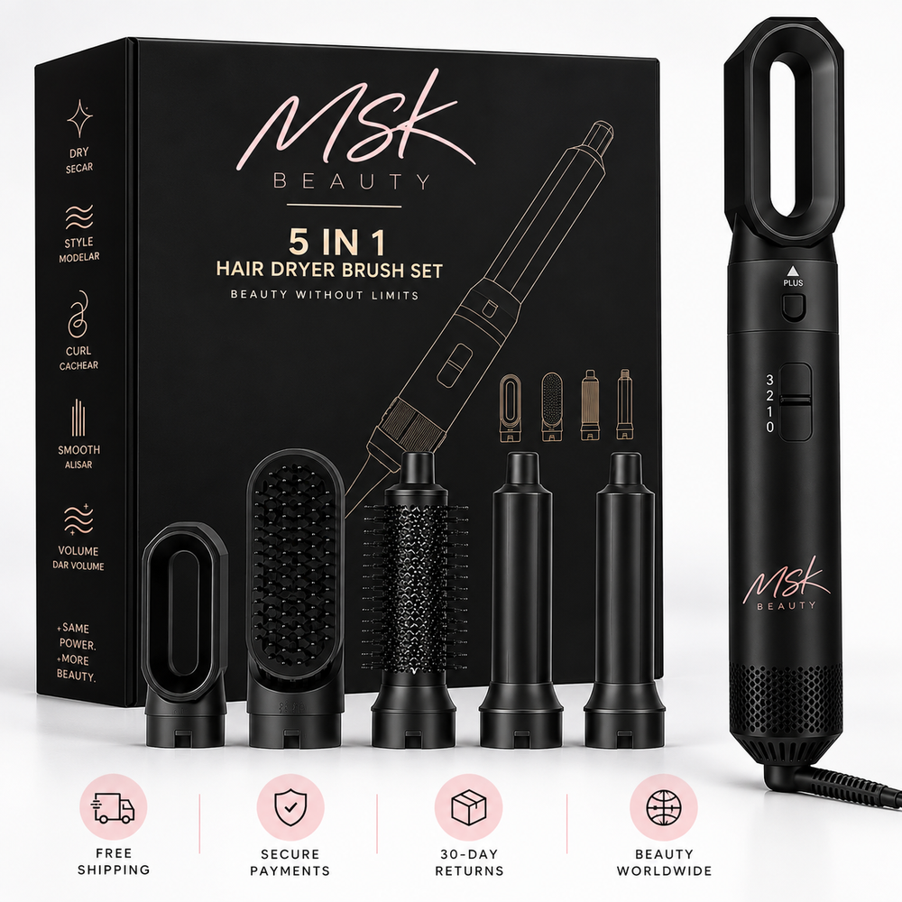 MSK Beauty 5-in-1 Hair Dryer Brush in black, shown with retail box, styling wand, and interchangeable attachments