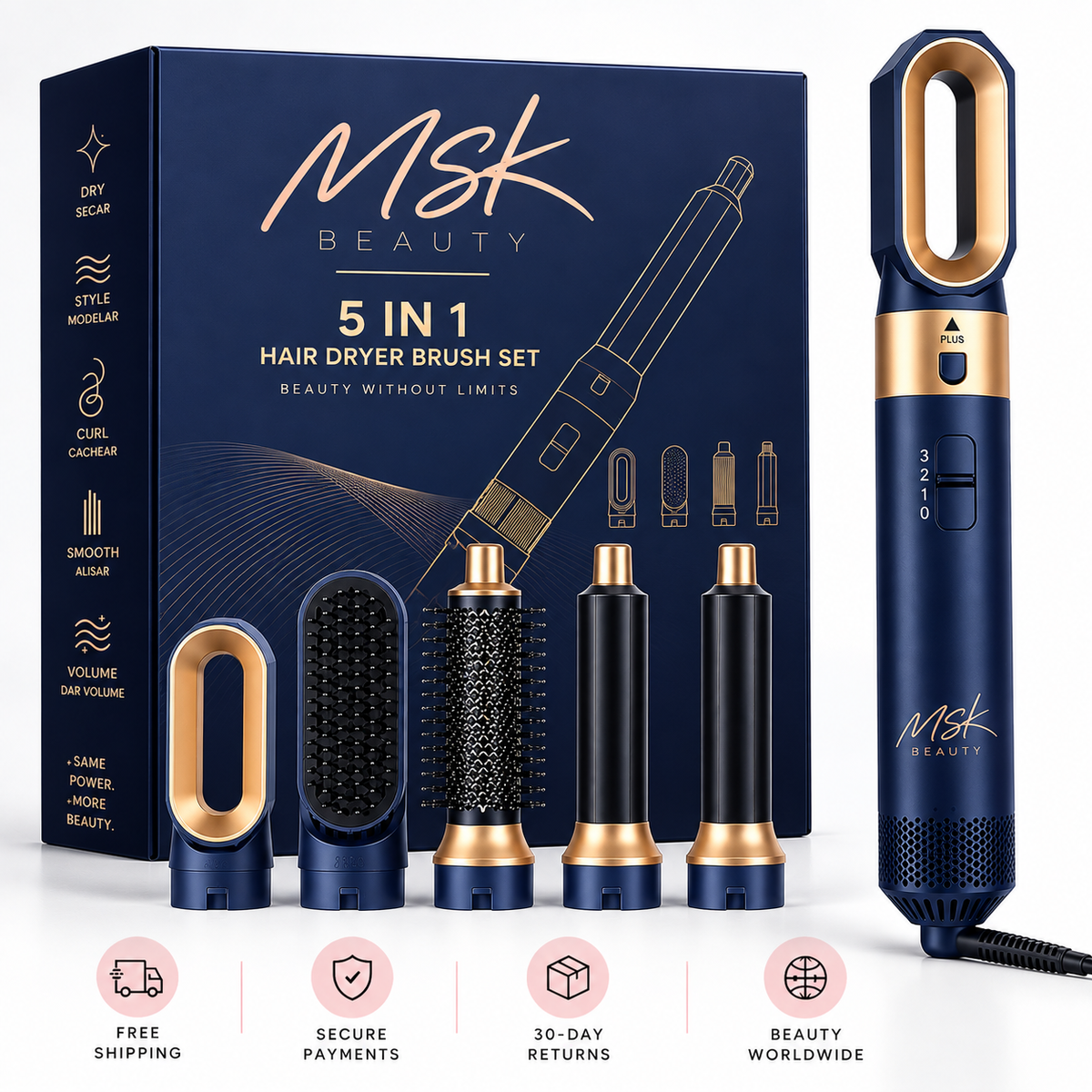 MSK Beauty 5-in-1 Hair Dryer Brush in Blue Gold on a white background